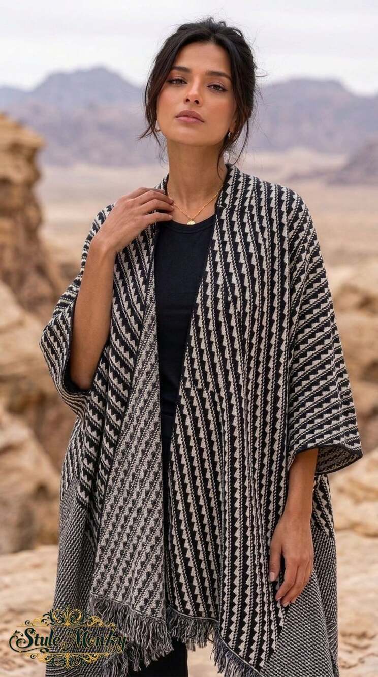 Topshop Open Front Poncho Size 12 Black White Geometric Knit Fringe Wrap